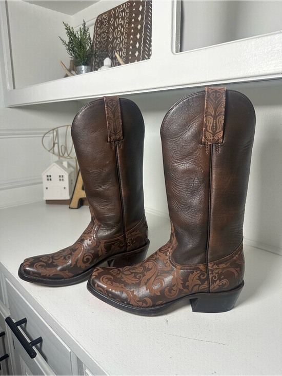 Tin Haul Shoes - Tin Haul Fillygree Cowboy Boots Womens 8 Brown Western Tooled Leather Rodeo Boho